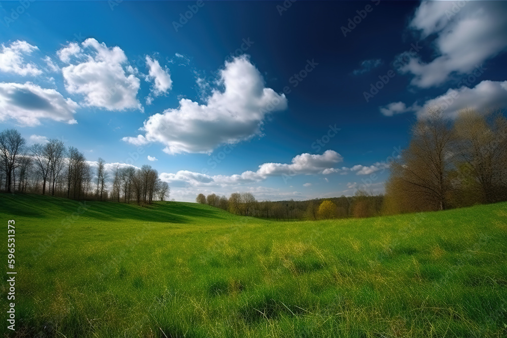 Green grass and forest landscape under blue sky