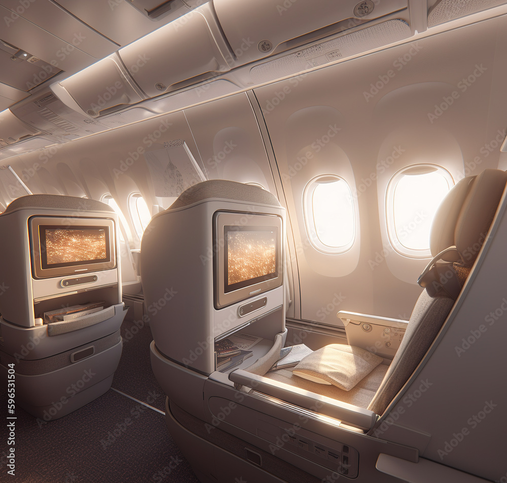 Luxury passenger aircraft business class inside scene