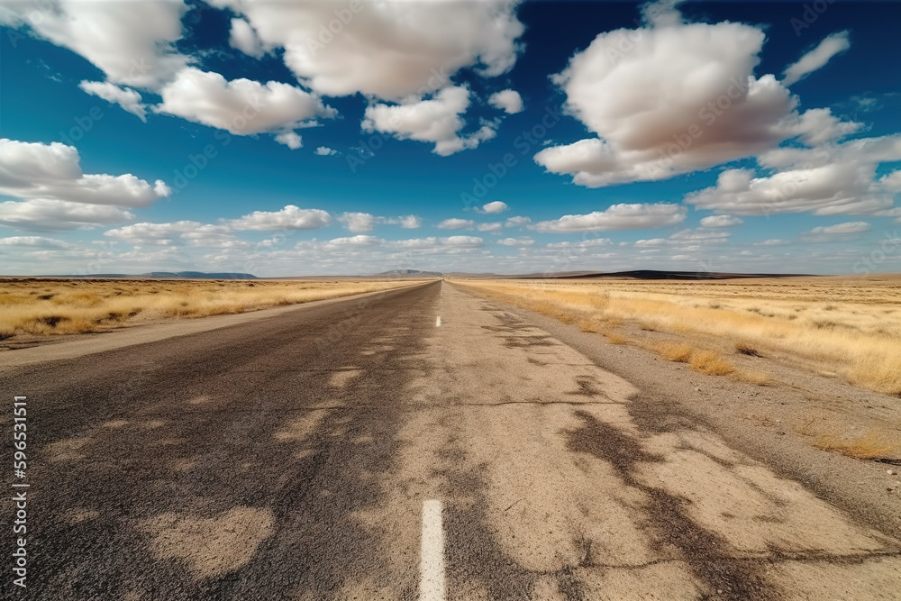 A path on the side of the dirt field is under the blue sky and white clouds. High -quality photo