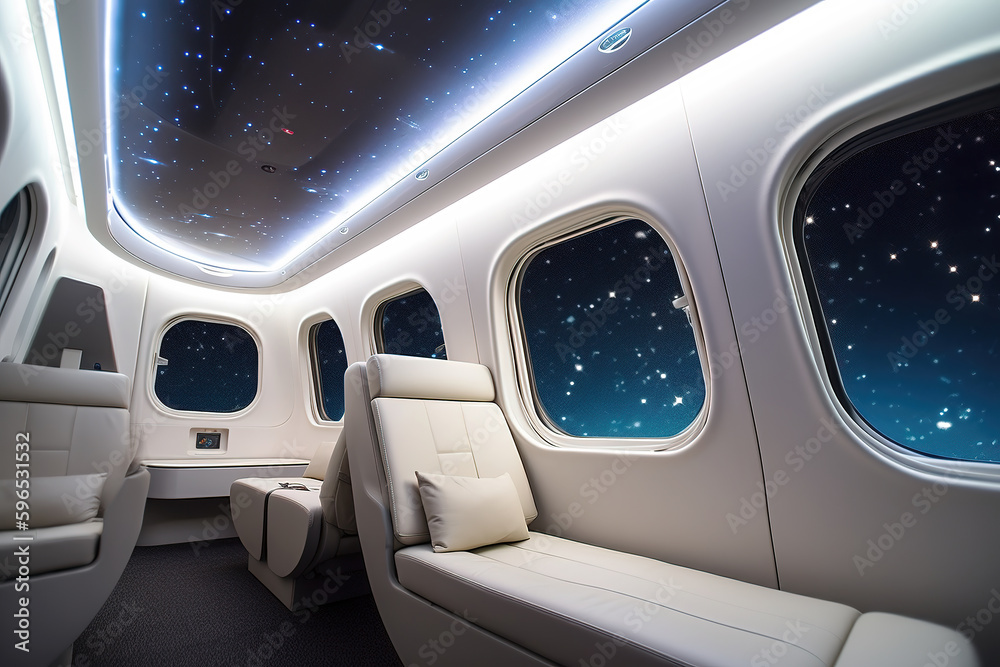 Luxury passenger aircraft business class inside scene