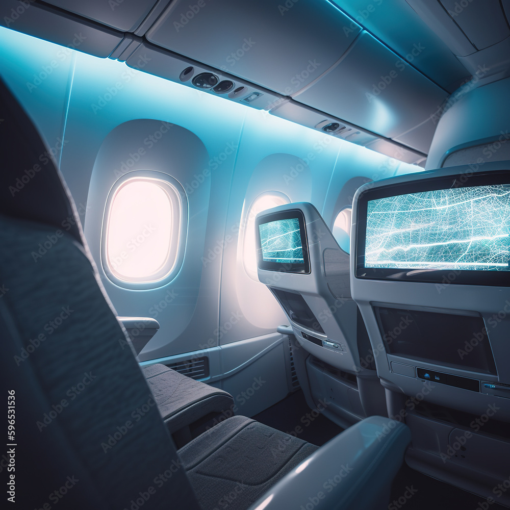 Luxury passenger aircraft business class inside scene