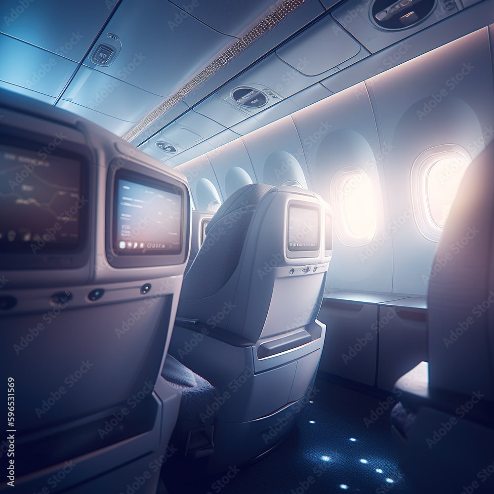 Luxury passenger aircraft business class inside scene