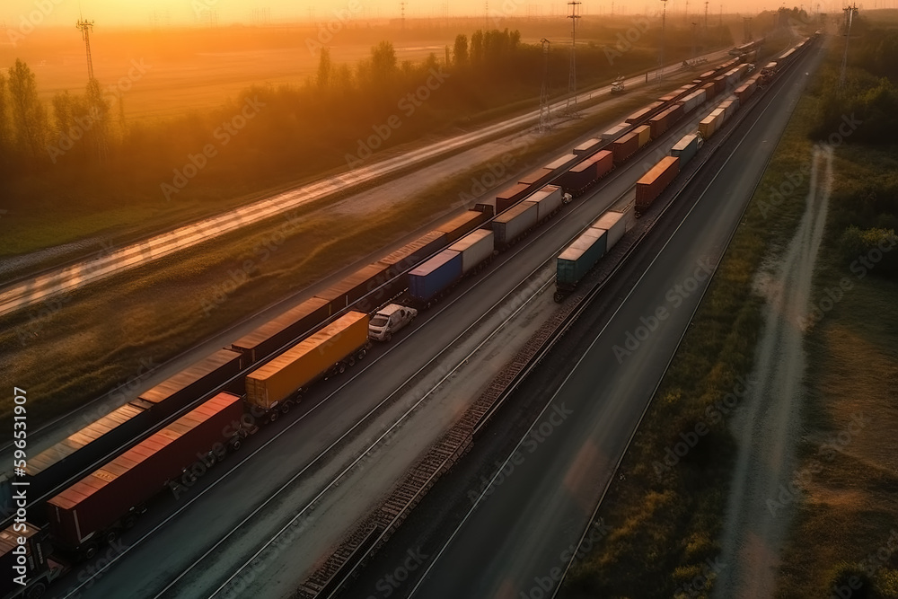 Vans on the highway under the setting sun