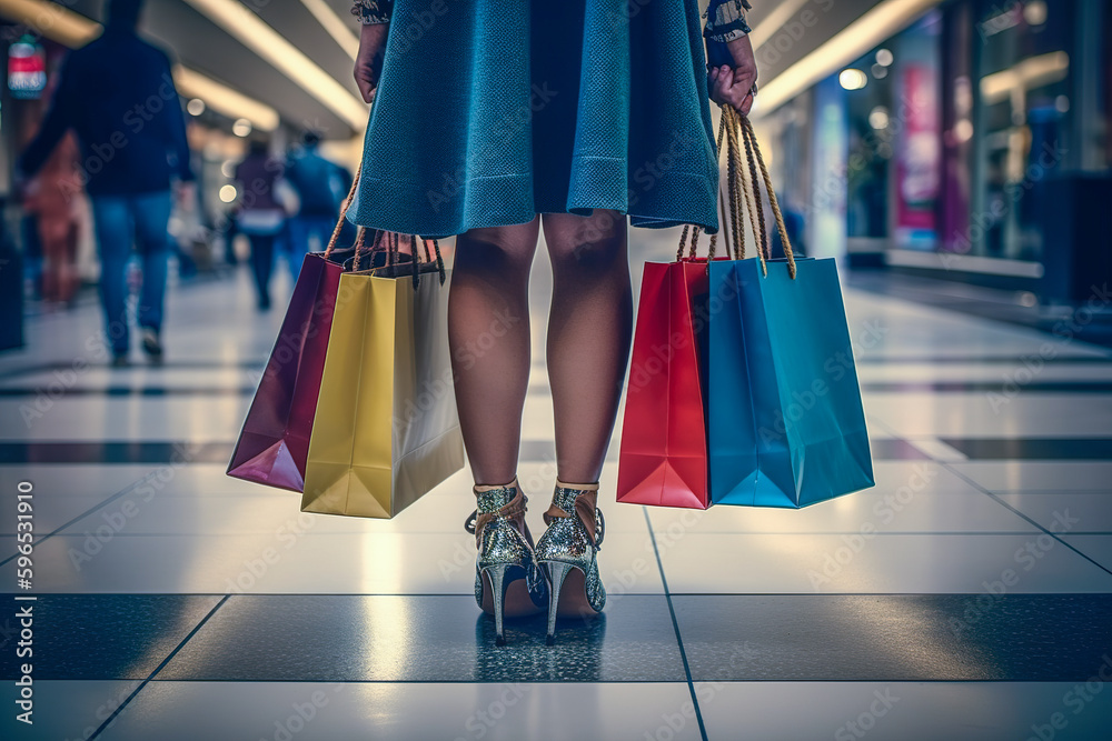 A girl in the shopping mall corridor holds various colors of paper bags in hand