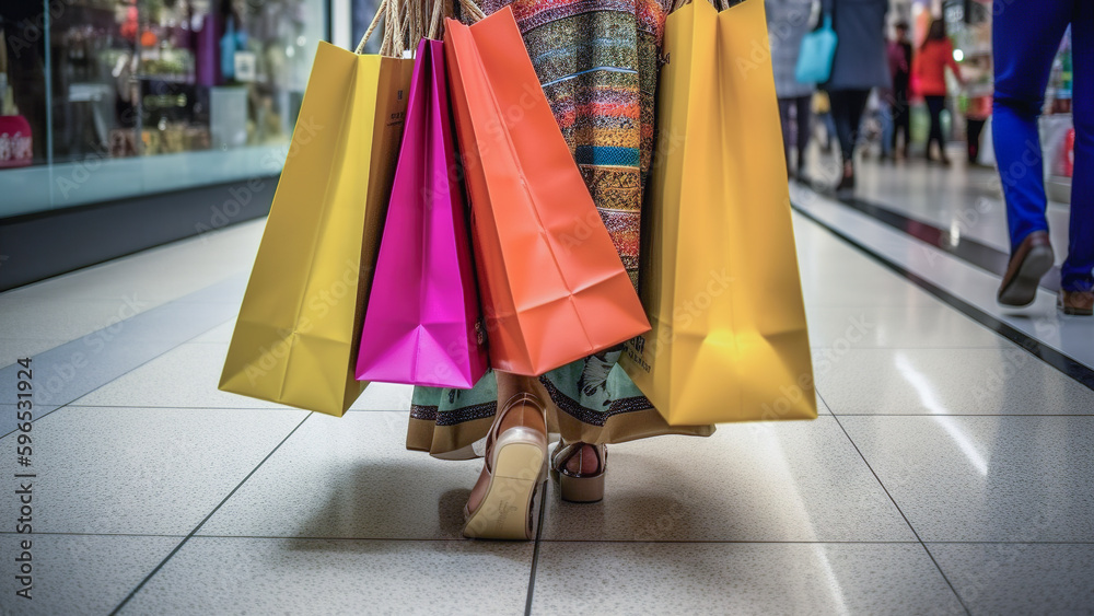 A girl in the shopping mall corridor holds various colors of paper bags in hand