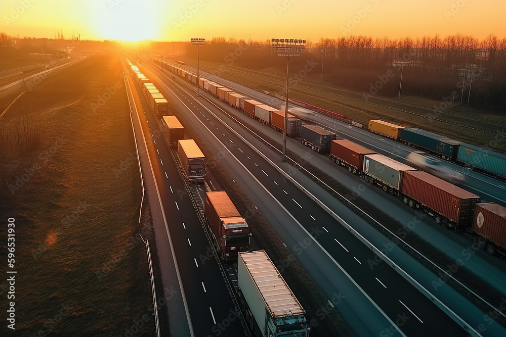 Vans on the highway under the setting sun