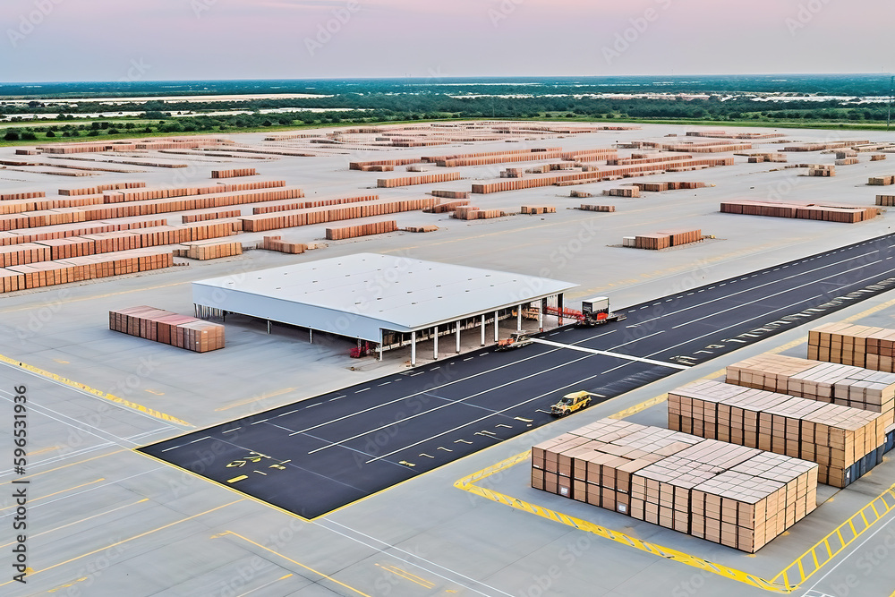 Industrial zone and technology park and logistics center with warehouse, loading hub.