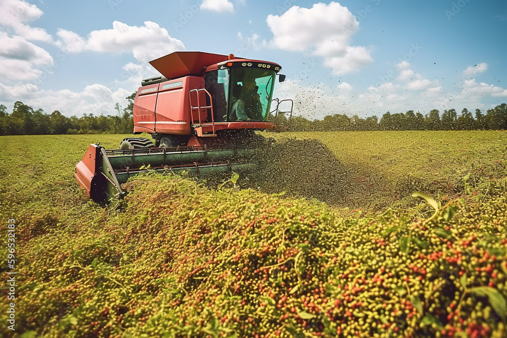 The farm vegetable field harvester uninstall into the tractor trailer. Modern agricultural harvestin