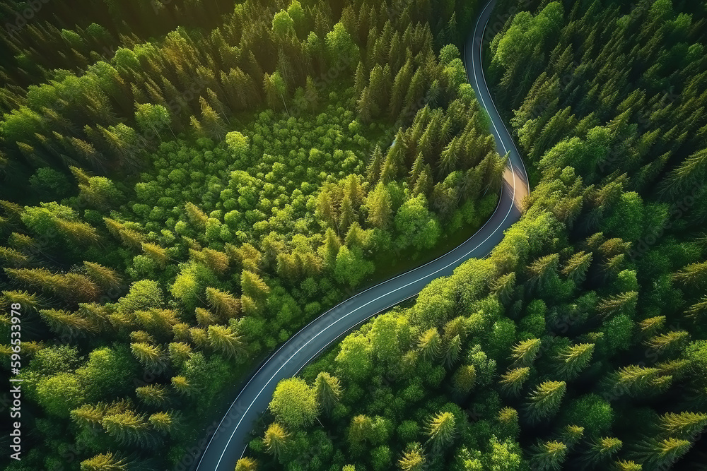 Aerial view road in the middle forest, Top view road going through green forest adventure, Ecosystem