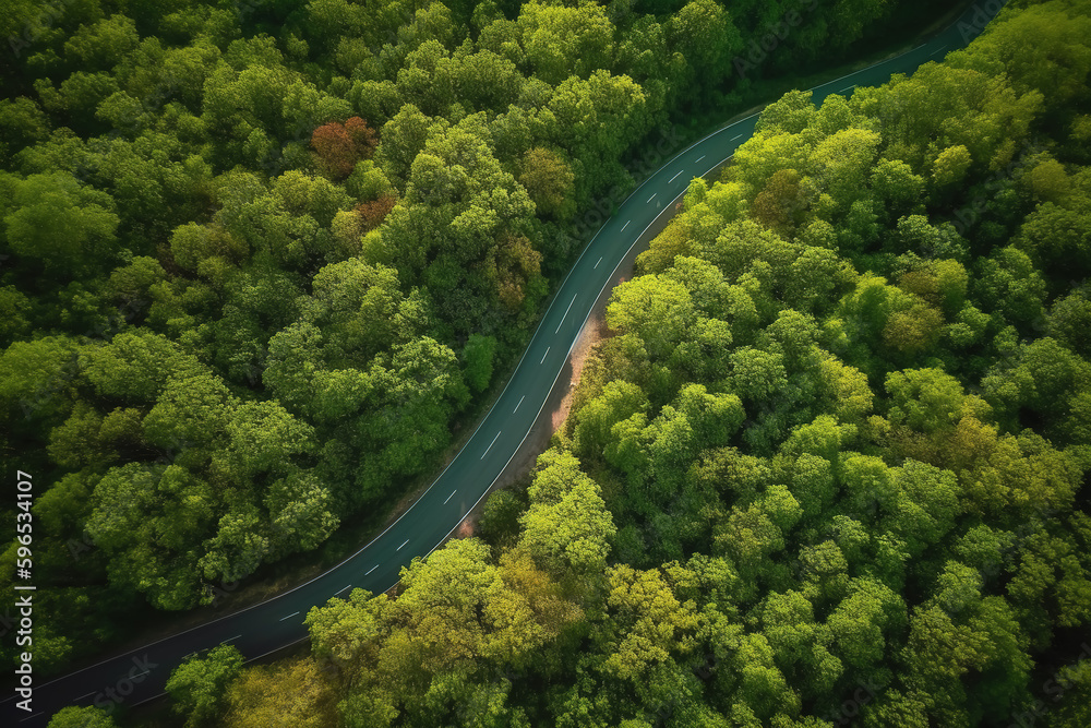 Aerial view road in the middle forest, Top view road going through green forest adventure, Ecosystem