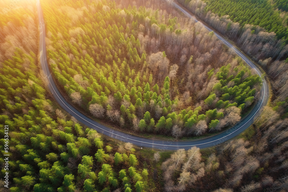 Aerial view road in the middle forest, Top view road going through green forest adventure, Ecosystem