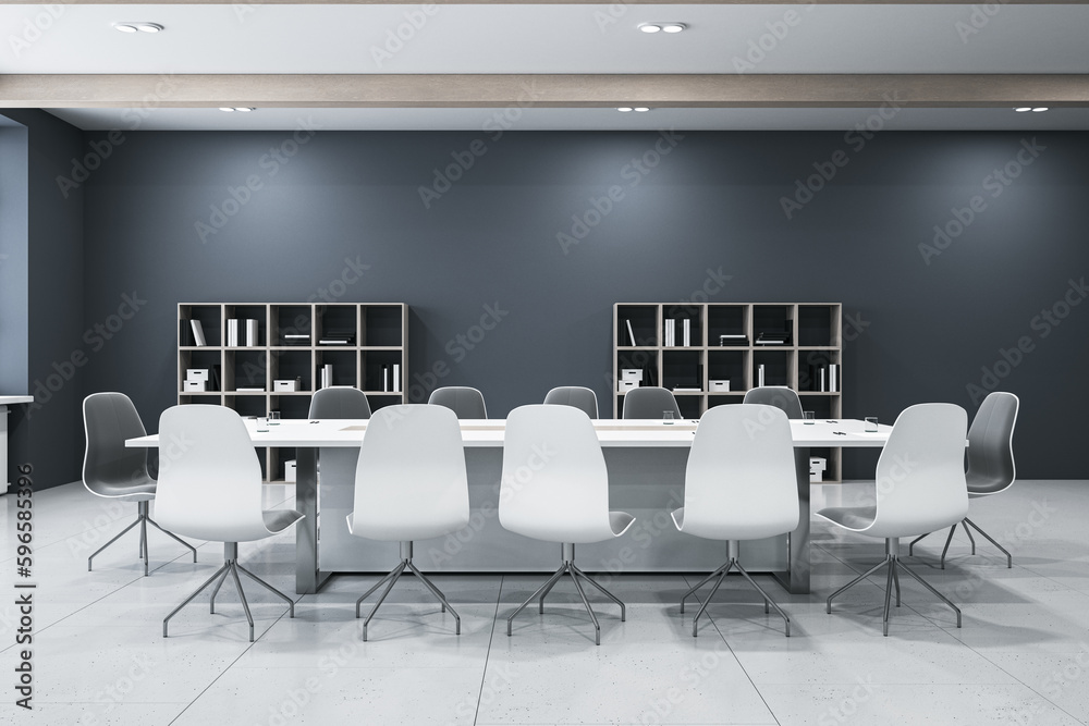 Modern meeting room interior with furniture, concrete flooring, equipment. 3D Rendering.