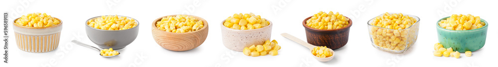 Set of bowls with canned corn on white background