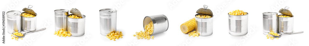 Set of canned corn on white background