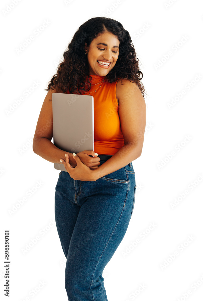 Happy young business woman isolated on a transparent background