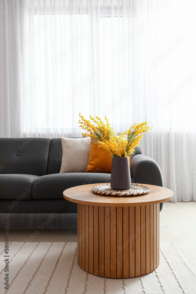 Vase with mimosa flowers on coffee table in interior of living room