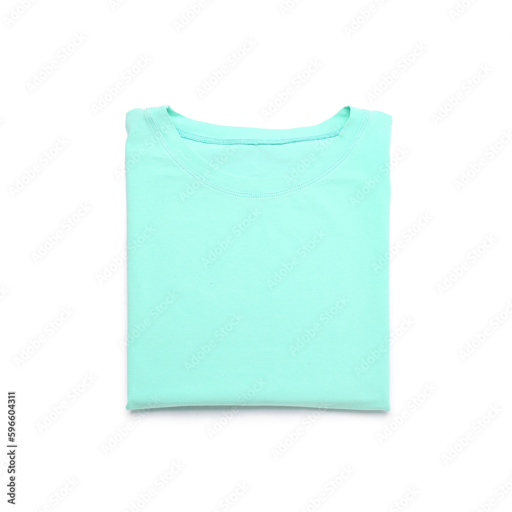 Folded blue t-shirt on white background