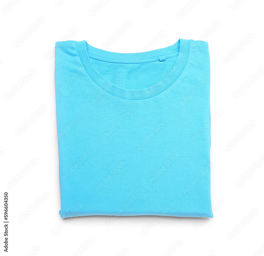 Folded blue t-shirt on white background