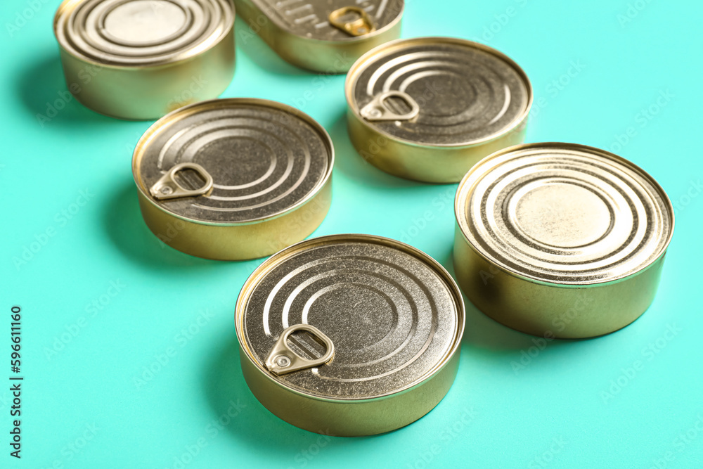 Assortment of tin cans with fish on turquoise background