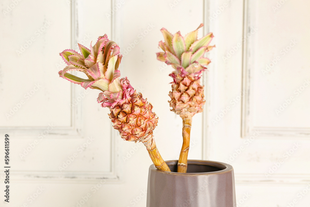 Vase with decorative pineapples near light wall, closeup