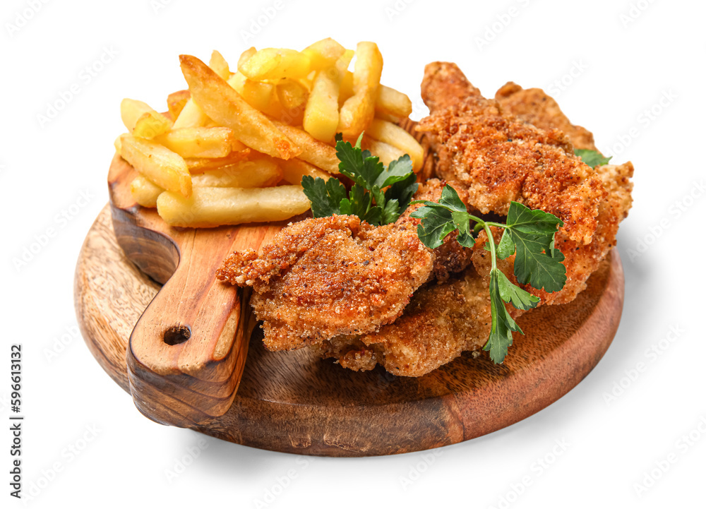 Wooden boards of tasty fried codfish with french fries on white background