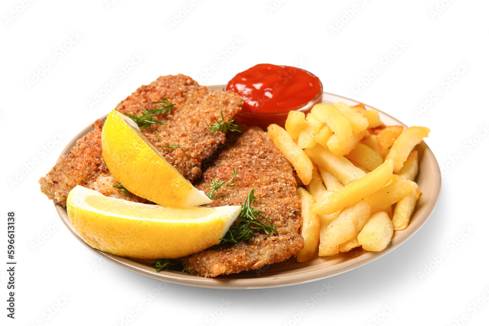 Plate of tasty fried codfish with french fries and lemon on white background