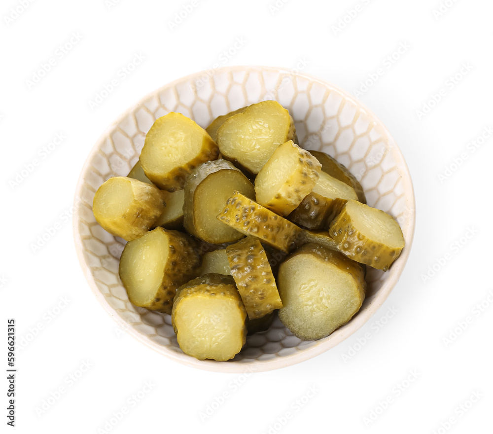 Bowl with tasty fermented cucumbers on white background