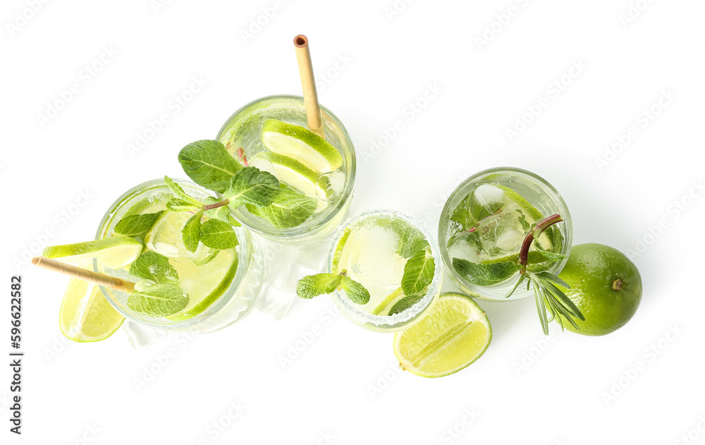 Glasses of tasty mojito isolated on white background