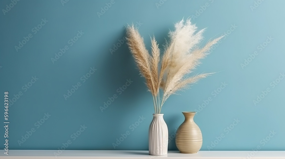 Vase with decorative plant branch against blue wall background. Minimalist interior mockup. Generati