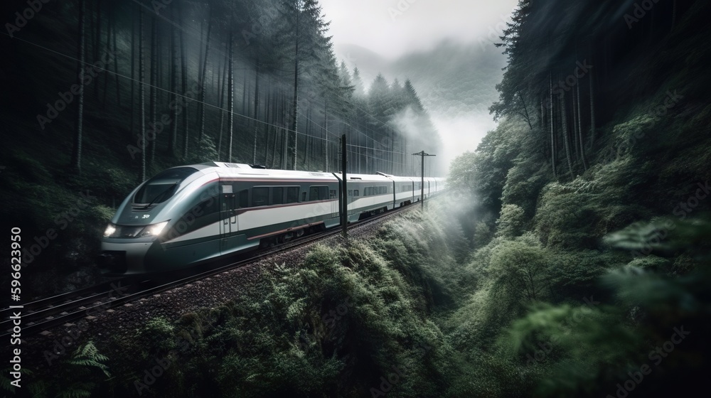 Speed passenger train moving in the mist mountains covered with forest. Generative AI