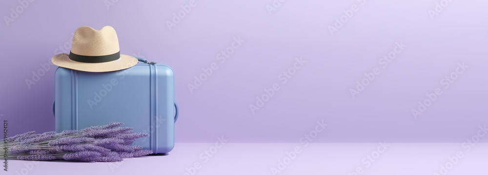 Lavender travel suitcase with hat and lavender flowers, on uniform background. Trip concept. Generat