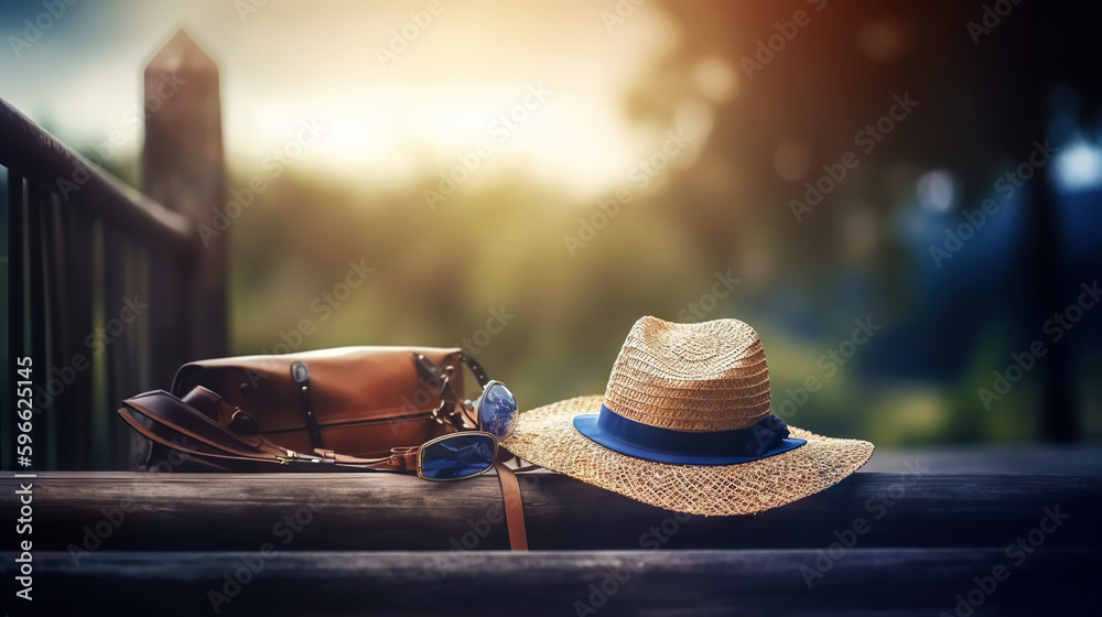 Hat and accessories on a wooden background. Travel concept. Generative AI