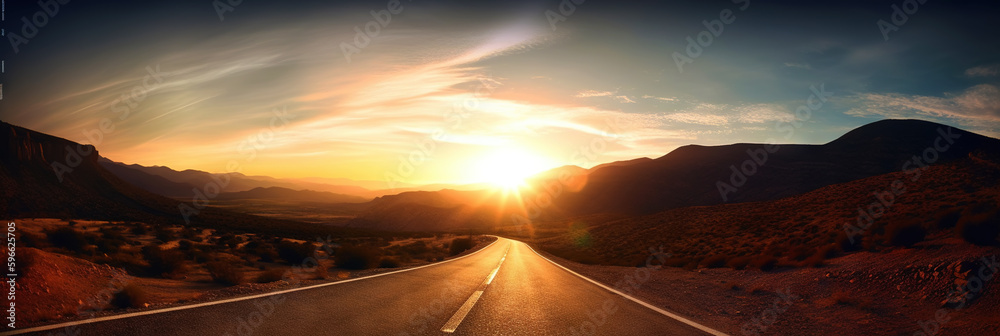 Road to horizon in desert landscape on sunset. Travel concept. Generative AI