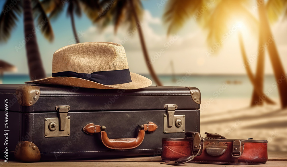 Suitcase, hat and accessories on the wooden floor with a sea background. Travel concept. Generative 