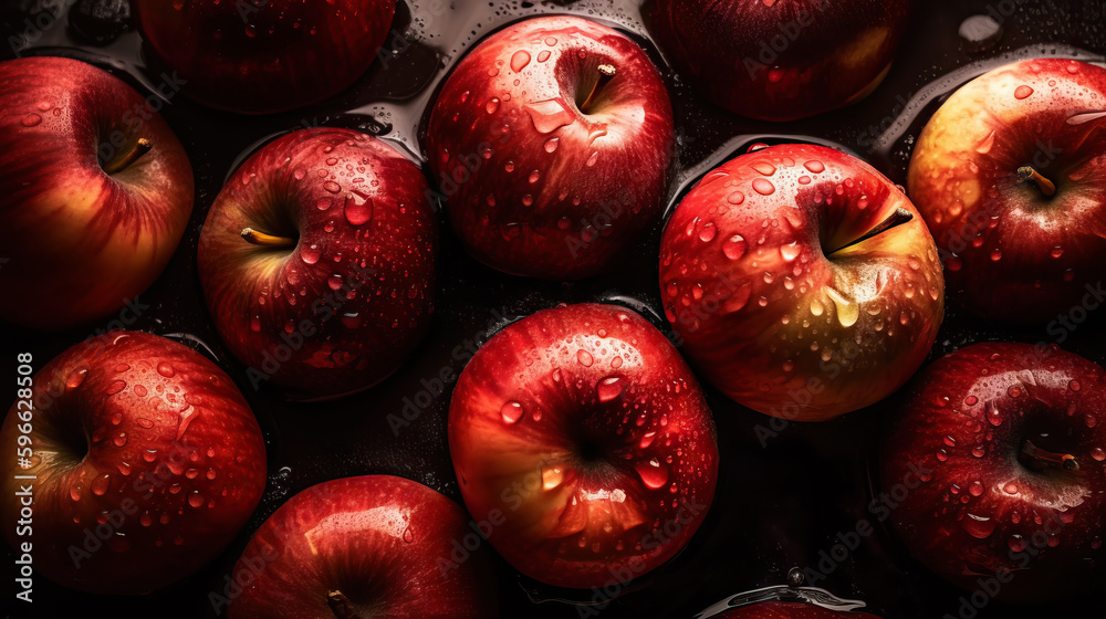 Fresh ripe apples with water drops background. Fruits backdrop. Generative AI