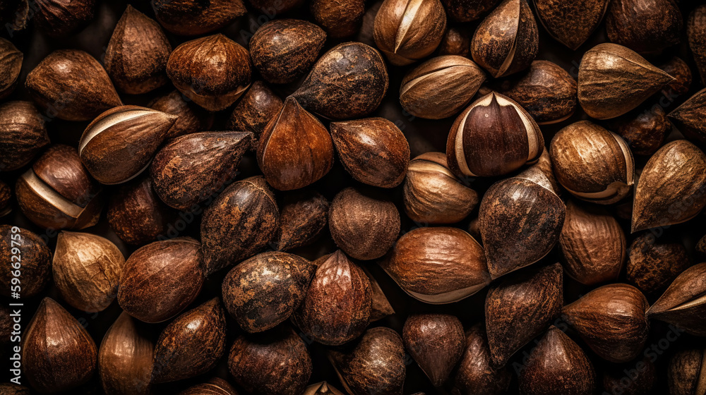 Many dried acorn nuts background. Top view on large group of nuts. Generative AI