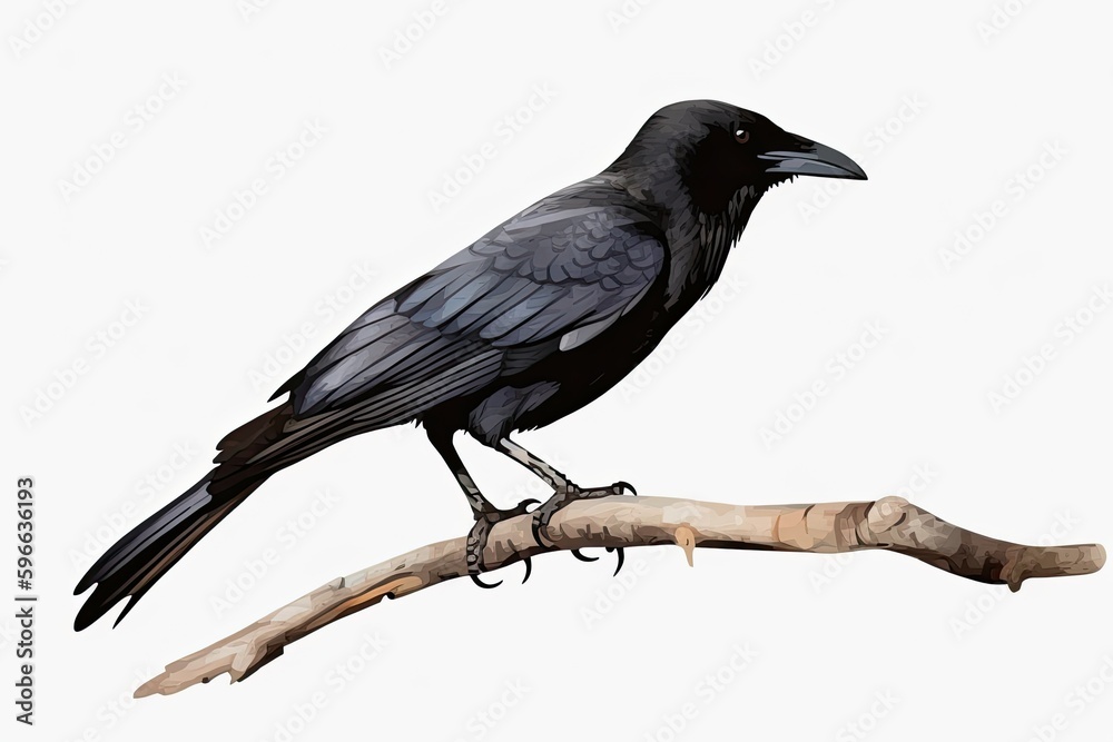 solitary black bird perched on a sturdy tree branch against a clear blue sky. Generative AI