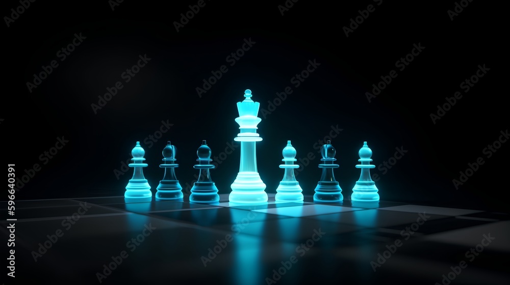 A futuristic AI-driven concept, with holographic chess pieces in a dark scene, representing optimal 