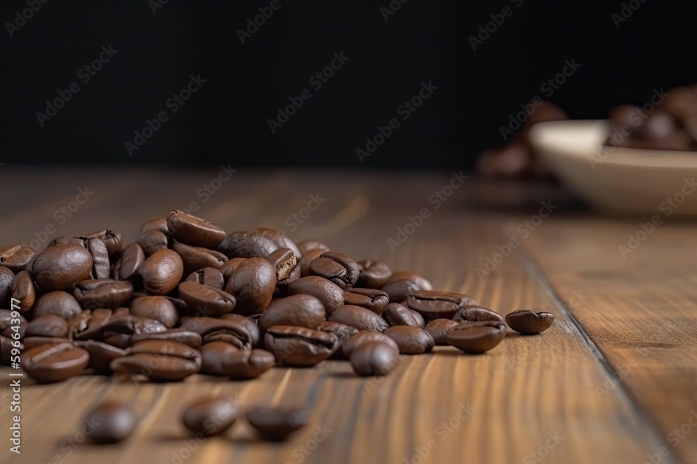 rustic coffee bean display on a wooden table. Generative AI