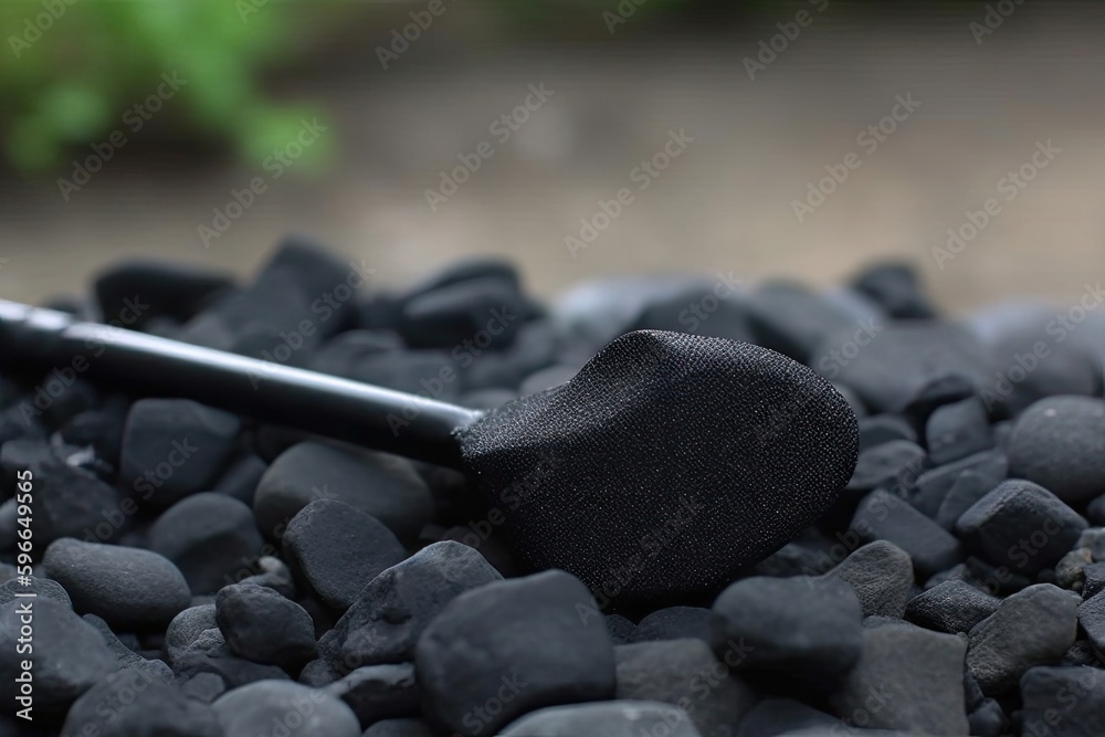 heap of dark stones with a shovel resting on it. Generative AI