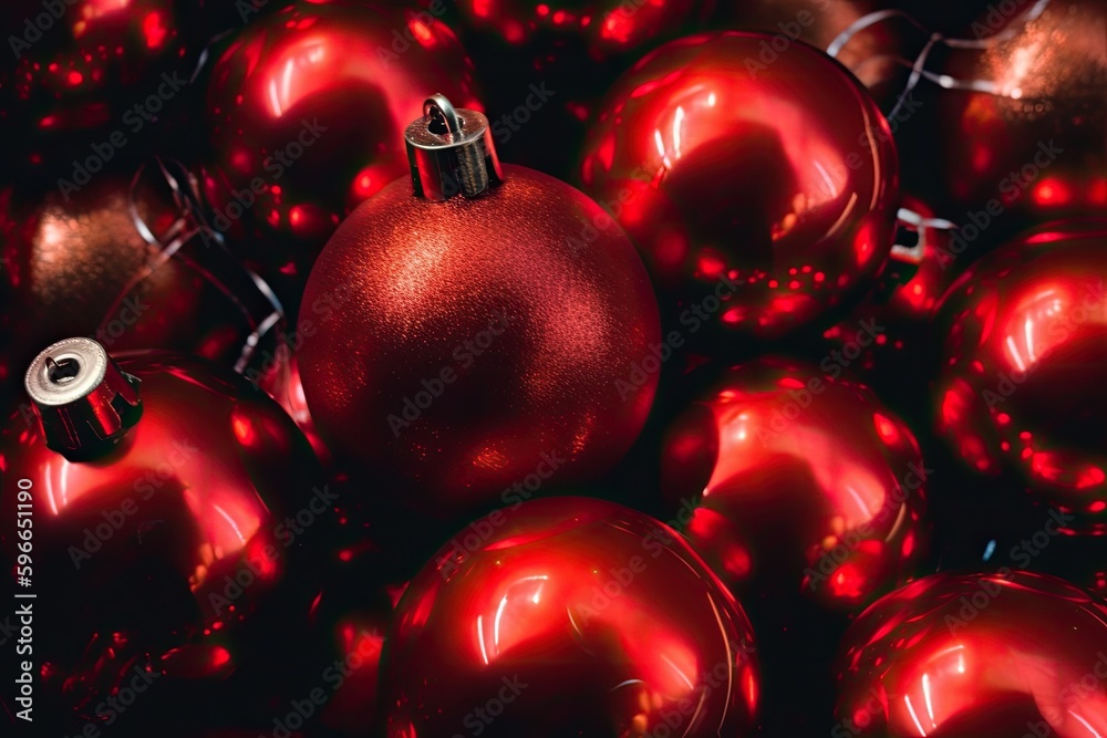 festive pile of shiny red Christmas ornaments. Generative AI