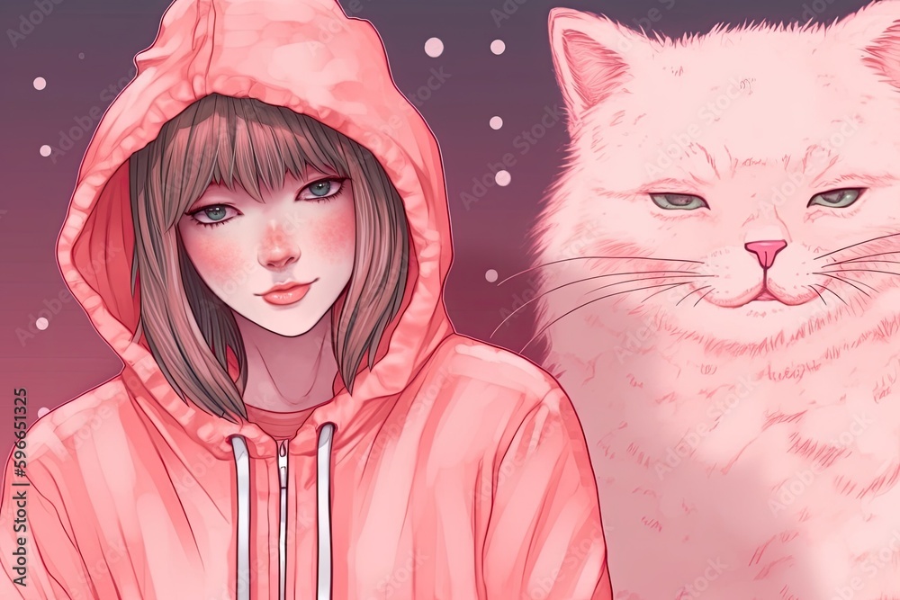 girl wearing a pink hoodie standing next to a white cat. Generative AI