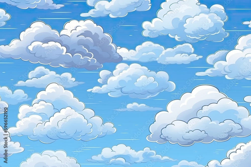 bright blue sky with fluffy white clouds. Generative AI