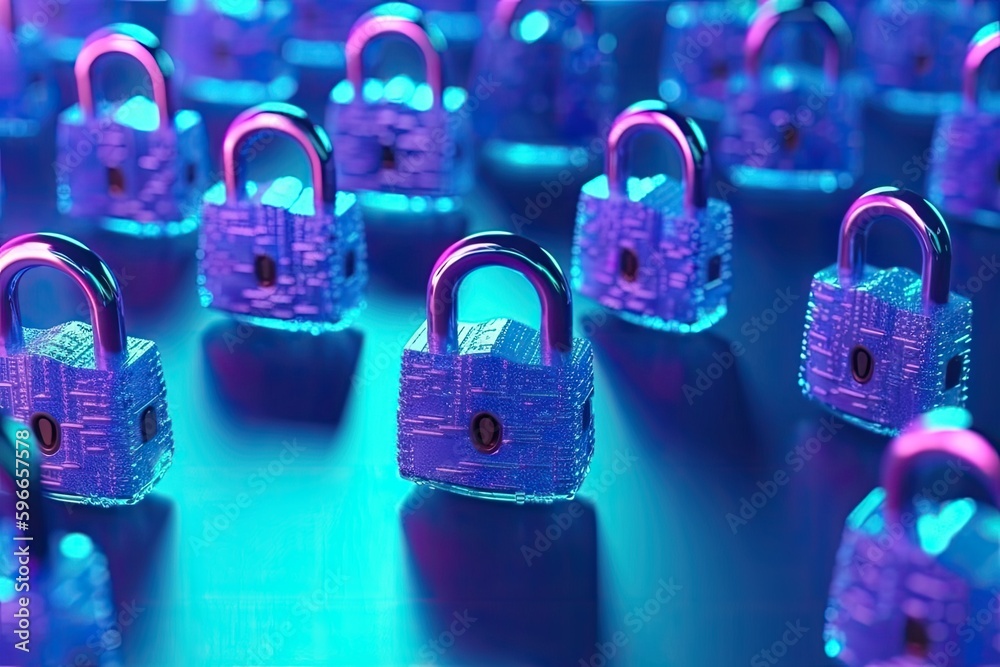 collection of purple padlocks arranged on a wooden surface. Generative AI