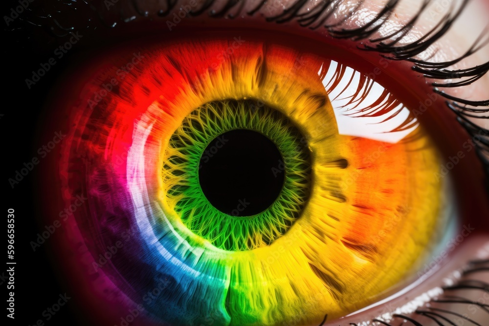 vibrant rainbow-colored eye close-up. Generative AI