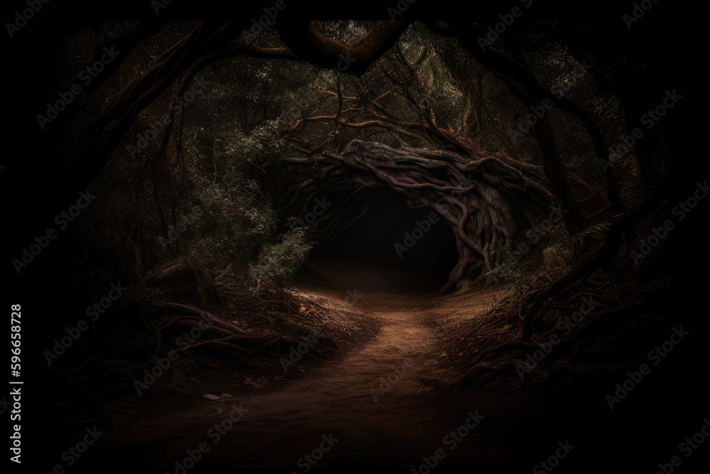 mysterious tunnel hidden in the heart of a dense forest. Generative AI