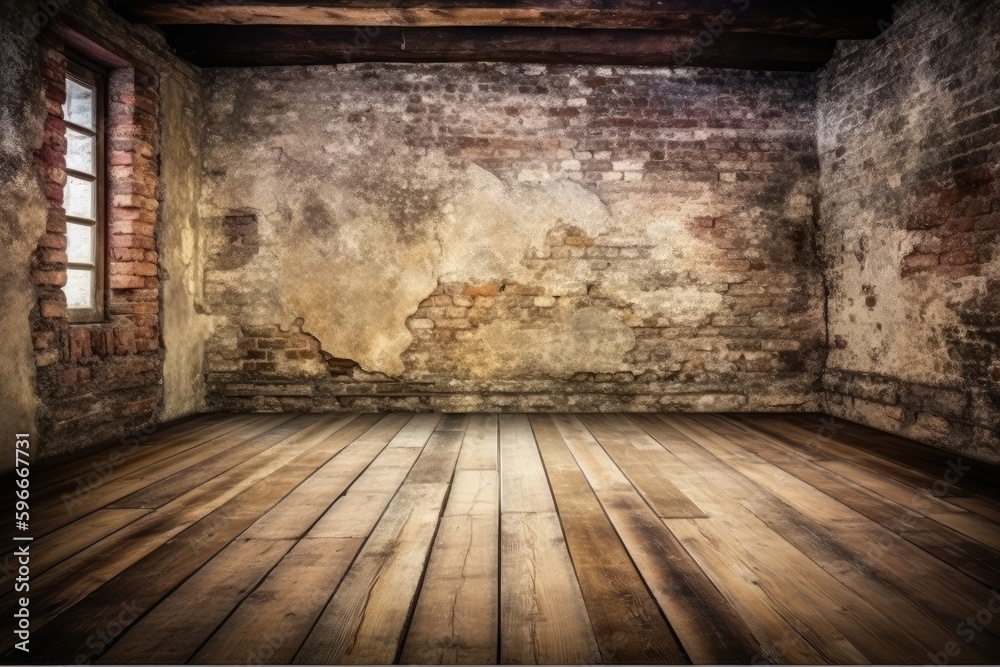 an empty room with a rustic brick wall and wooden flooring. Generative AI