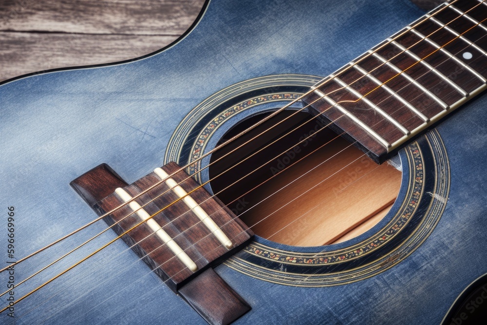 close up of a blue acoustic guitar. Generative AI