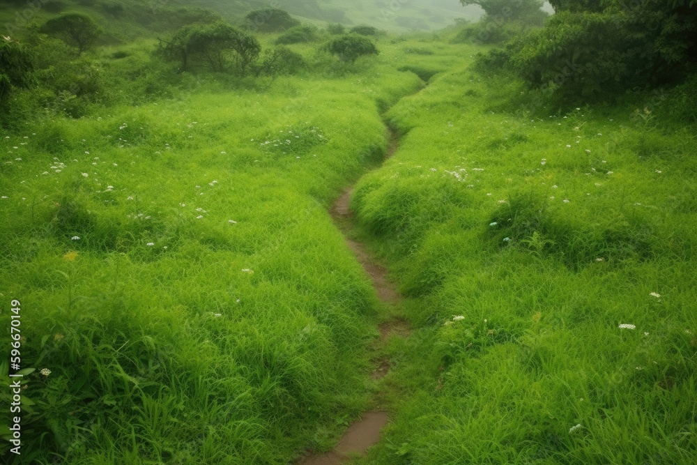 serene path winding through a verdant field with a backdrop of tall trees. Generative AI