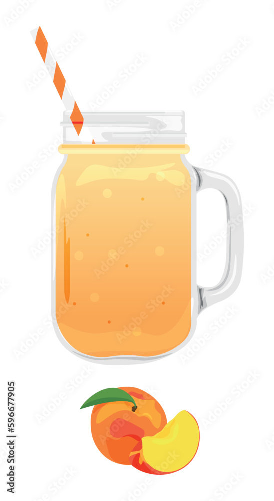 Mason jar of fresh peach smoothie on white background